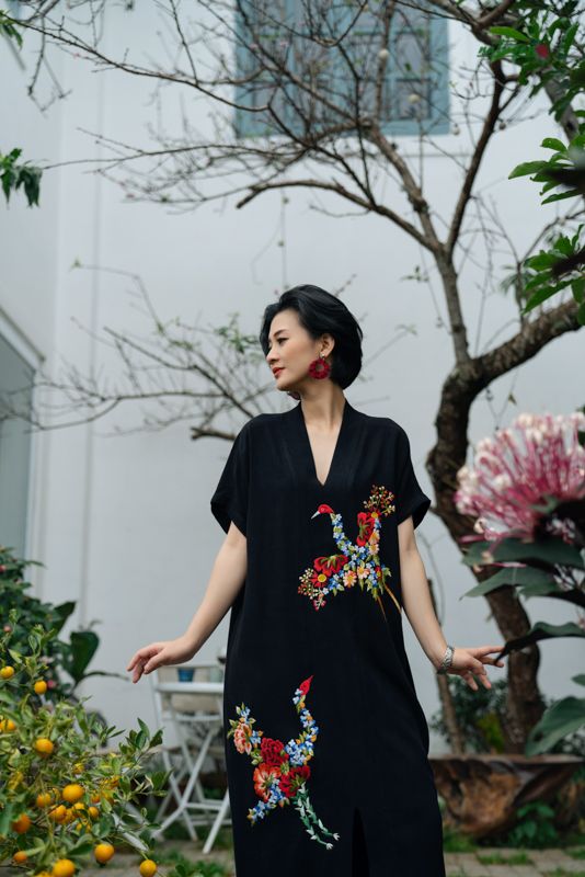 Đầm Yuna Đen hêu tay Đôi Hạc Đoàn Viên Kimono