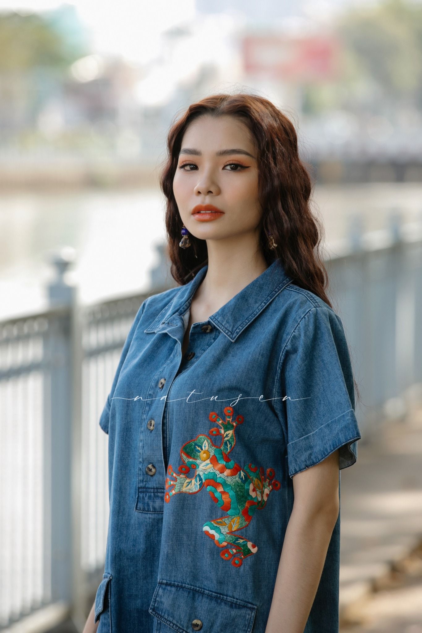 Đầm Ann denim thêu tay Ếch Hoa Classic