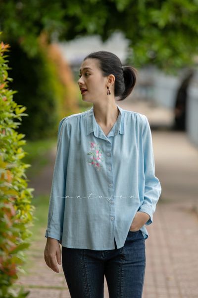  Áo chemise Xanh Biển thêu tay hoa tigon 