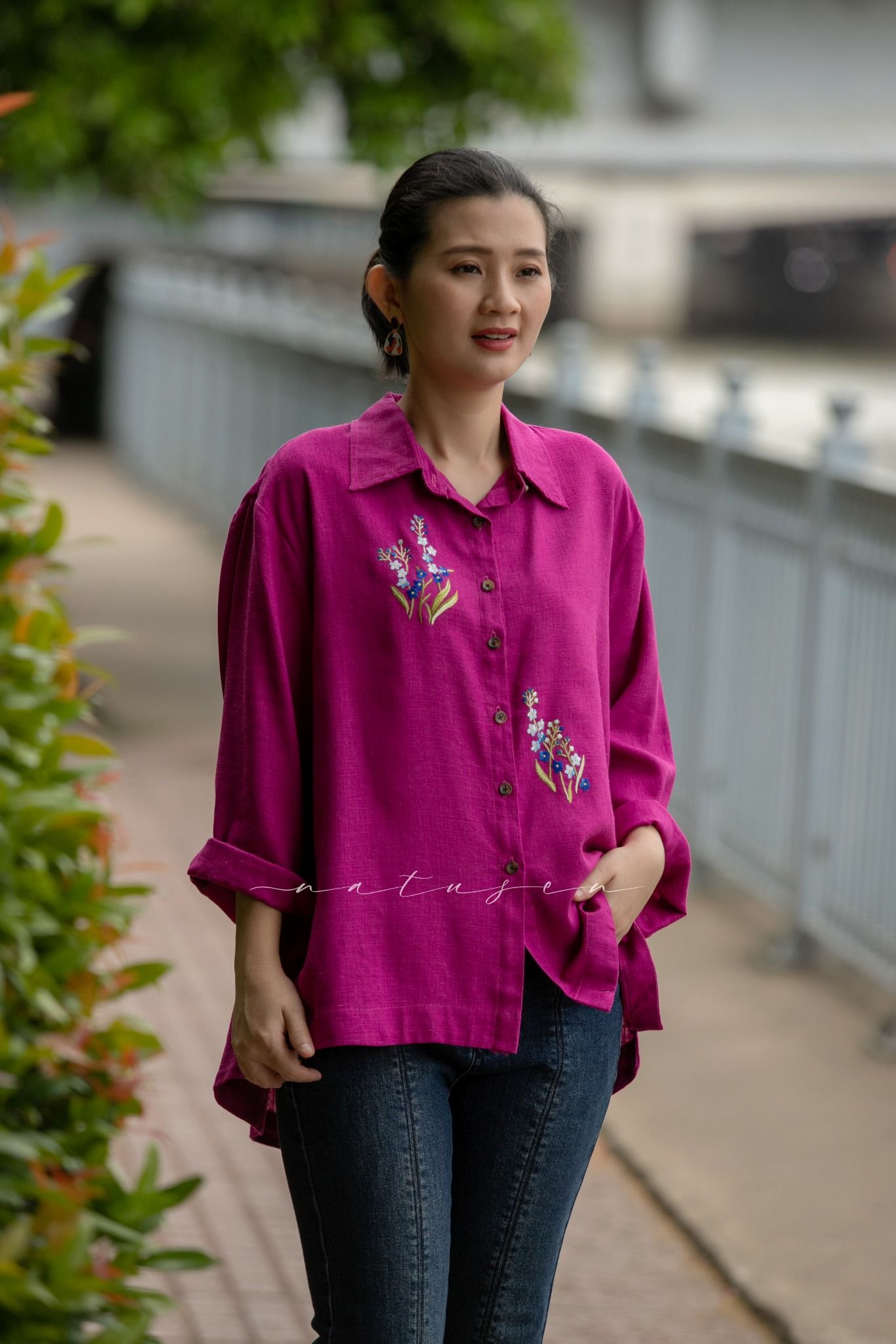 Áo chemise Hồng Tím thêu tay Forget Me Not
