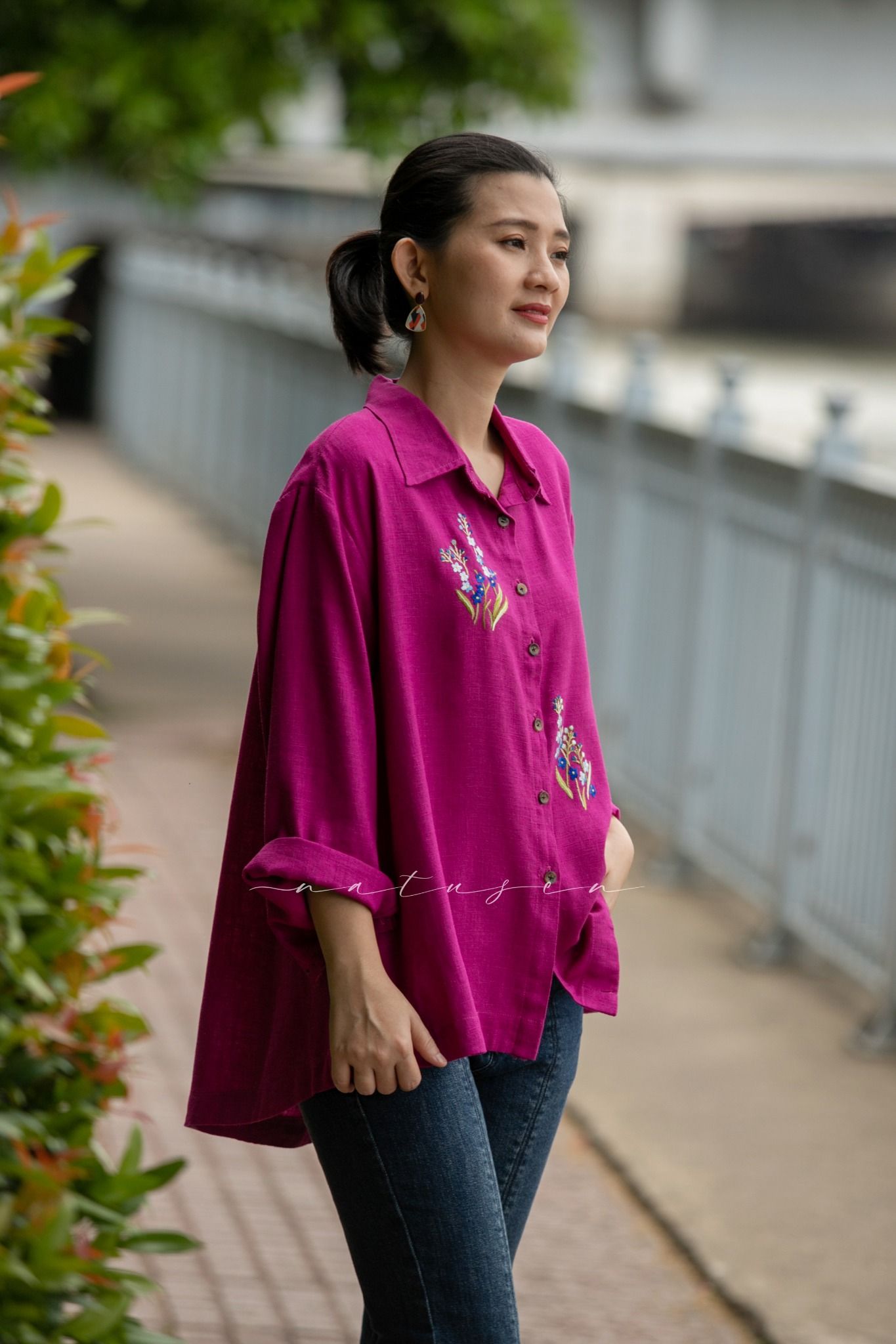 Áo chemise Hồng Tím thêu tay Forget Me Not