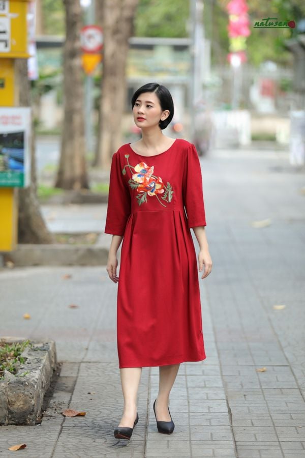 Đầm midi vitage Đỏ Cam thêu tay Poppy