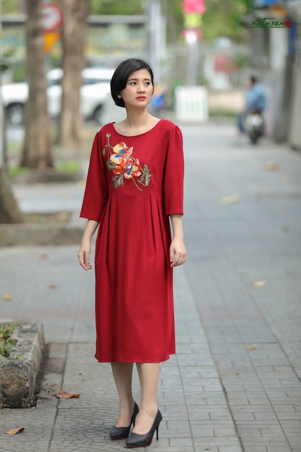 Đầm midi vitage Đỏ Cam thêu tay Poppy