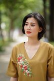  Đầm thêu tay Hoa Sim  vàng oliu tim 