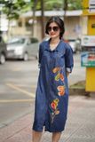  Đầm denim safari tay cá thêu tay Lá Bàng 