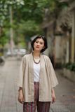  Áo khoác kimono Beige thêu tay  Hạc Hoa 