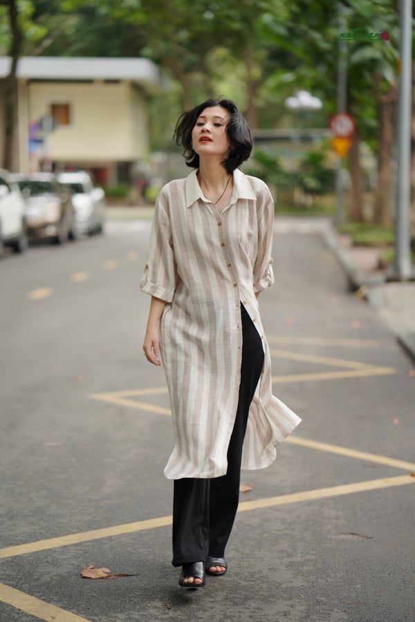  Đầm linen yarndyed sọc dọc kem beige 