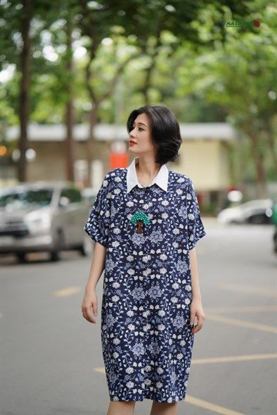  Đầm chemise cổ trắng Xanh Đen in bông 