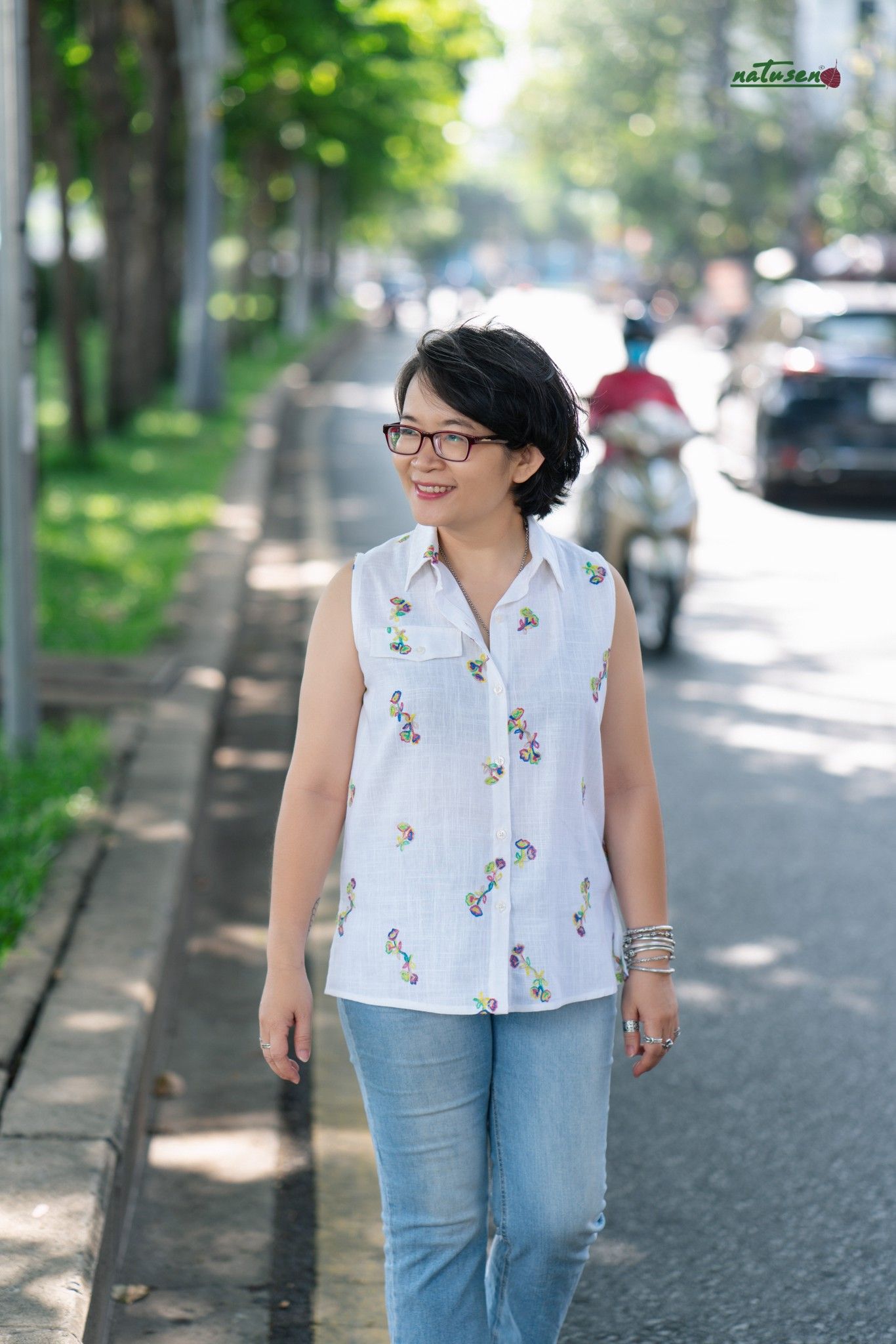 Áo chemise linen trắng Ren thêu