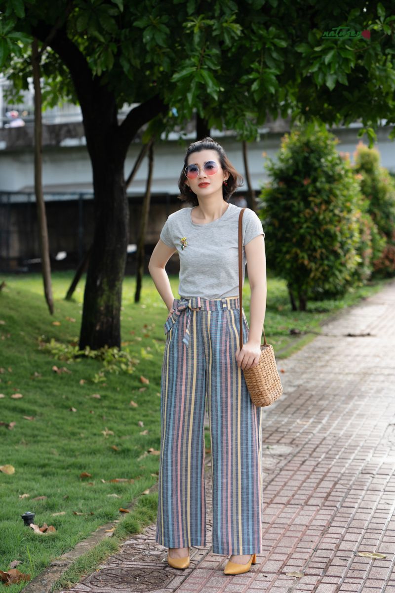 Quần suông ống rộng linen sọc màu sợi dệt