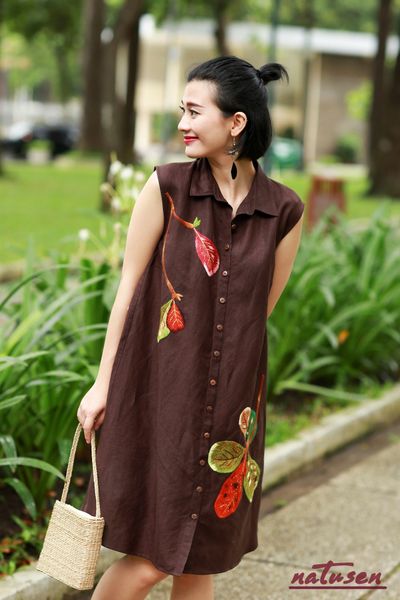  Đầm chemise linen thêu tay lá Bàng 