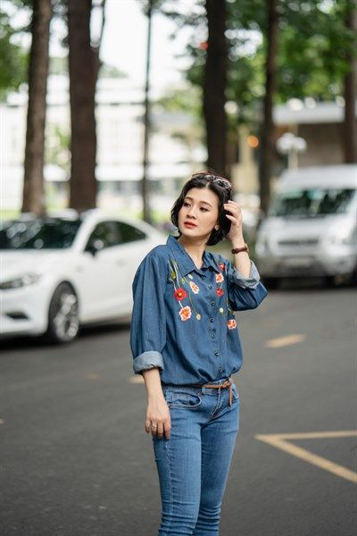 Áo chemise denim TD thêu Poppy baby
