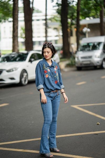 Áo chemise denim TD thêu Poppy baby