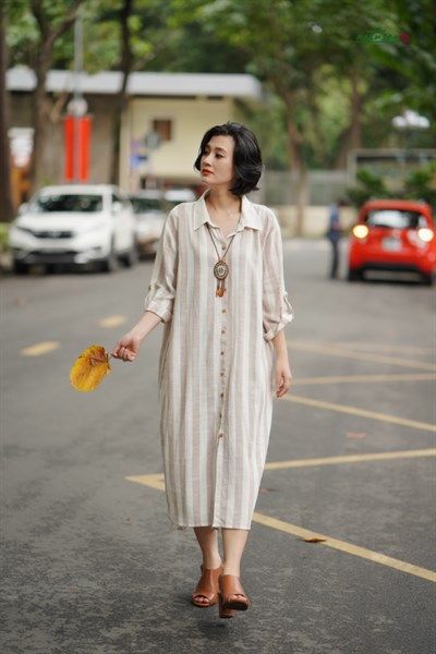  Đầm linen yarndyed sọc dọc kem beige 