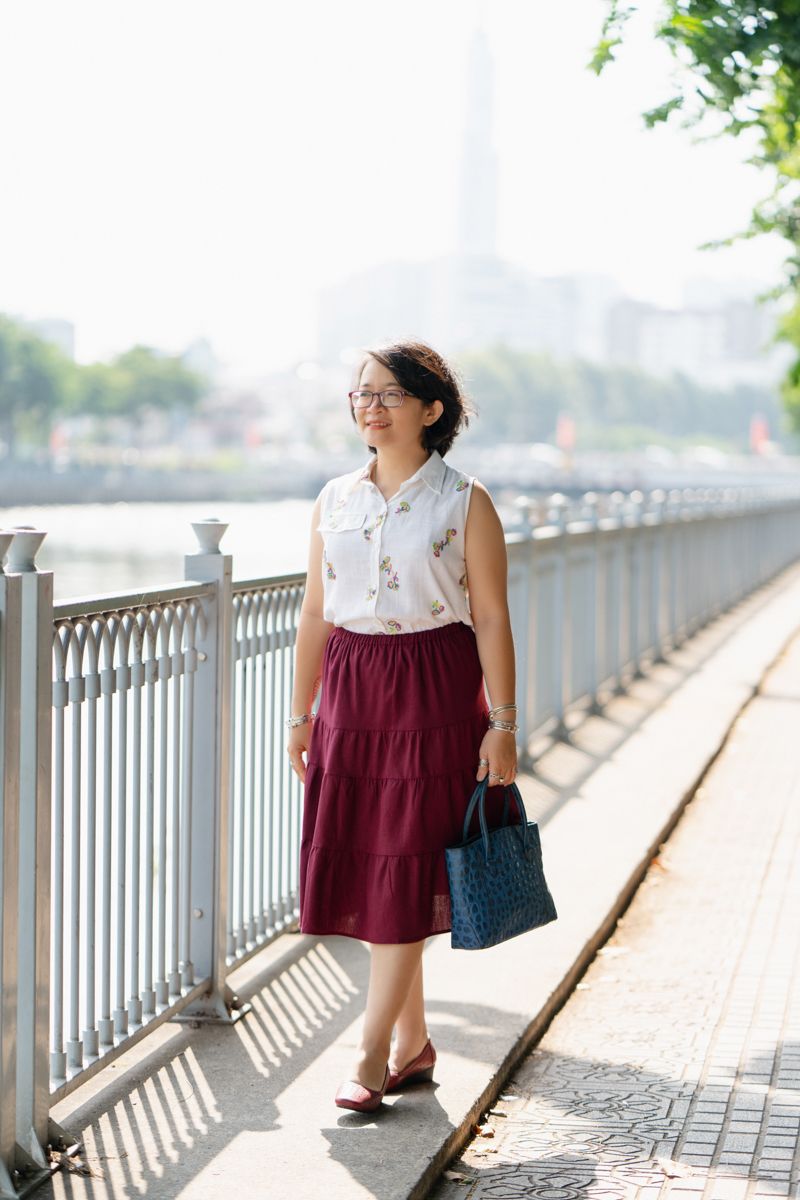 Chân váy Gypsy Đỏ Rượu linen nhúng tầng