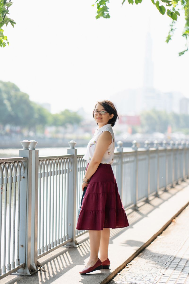 Chân váy Gypsy Đỏ Rượu linen nhúng tầng