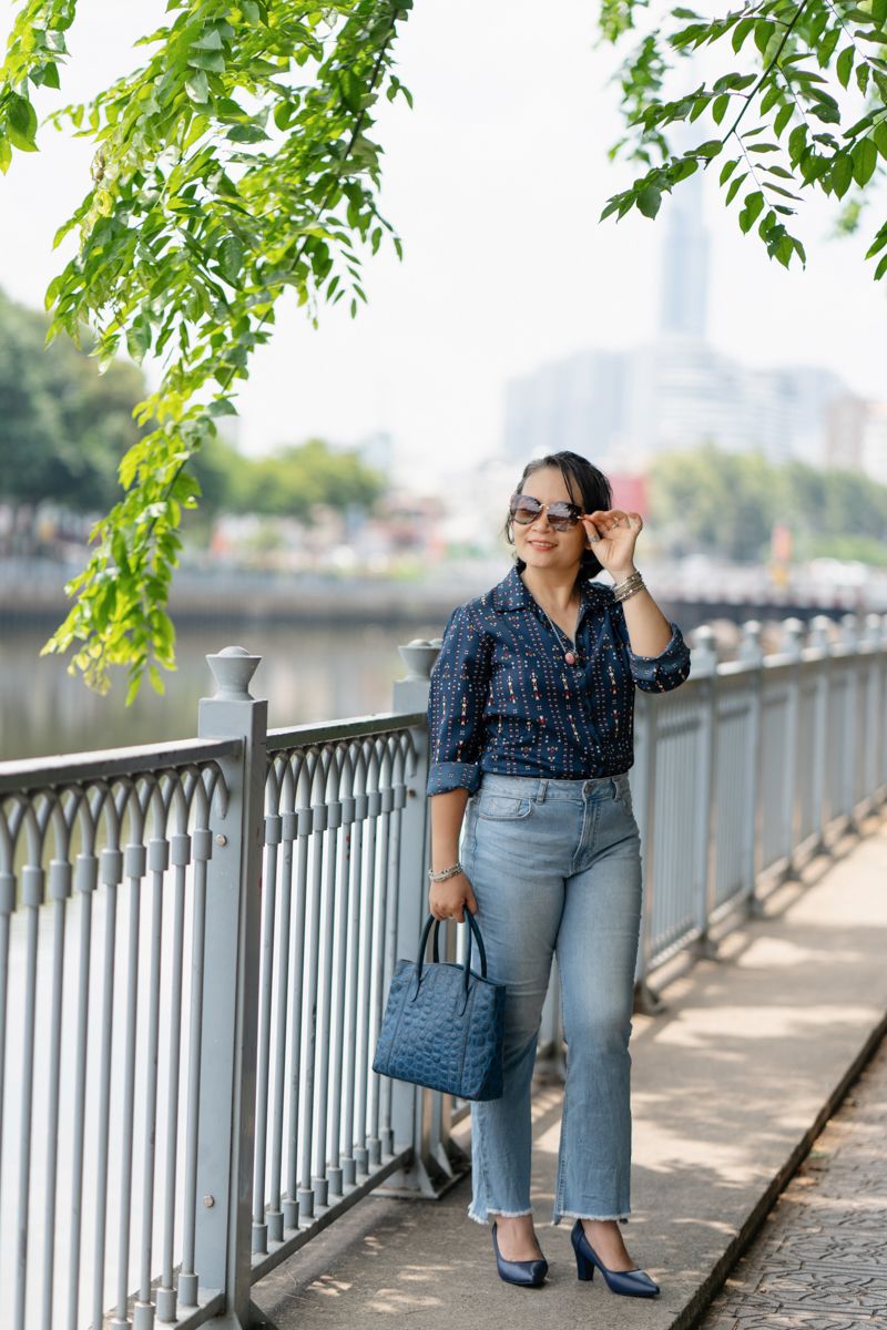 Áo chemise in hoa Xanh navy