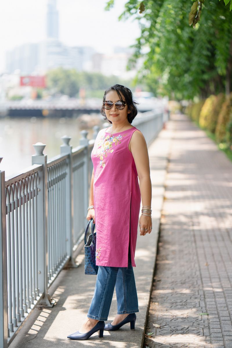 Đầm tunic Hồng sen thêu tay Hoa Thanh Xuân