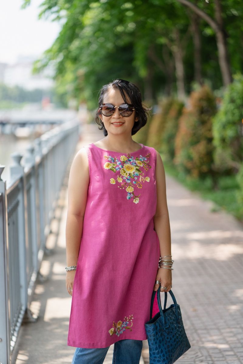 Đầm tunic Hồng sen thêu tay Hoa Thanh Xuân