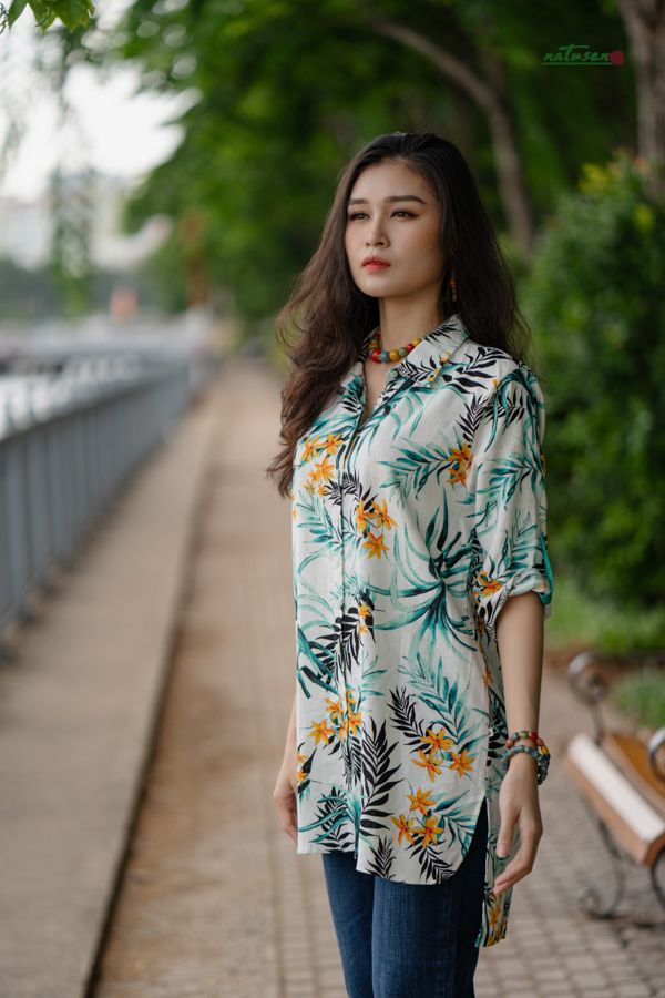 Áo linen in hoa chemise phối xanh