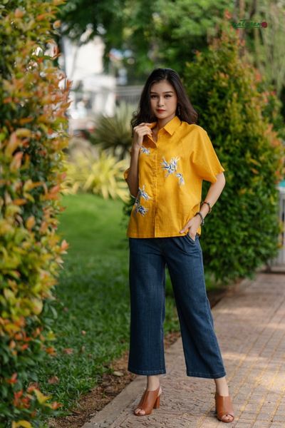  Áo linen thêu tay Mai Hạc Vàng Bold 