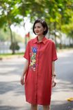 Đầm thêu tay linen chemise Cam San hô Thu Bình 