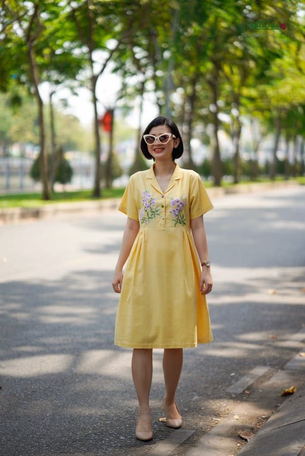  Đầm thêu thủ công phượng tím vest vintage Vàng Mơ 