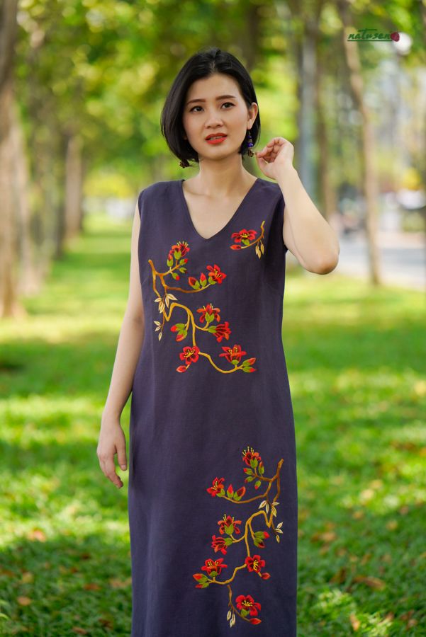Đầm Anvie xanh đương thêu thủ công Hoa Mộc Miên