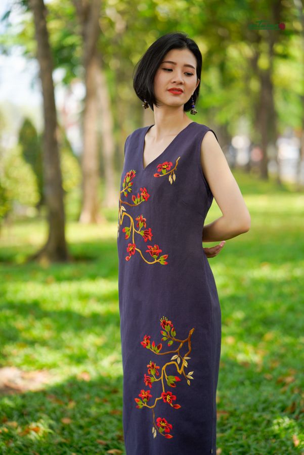 Đầm Anvie xanh đương thêu thủ công Hoa Mộc Miên