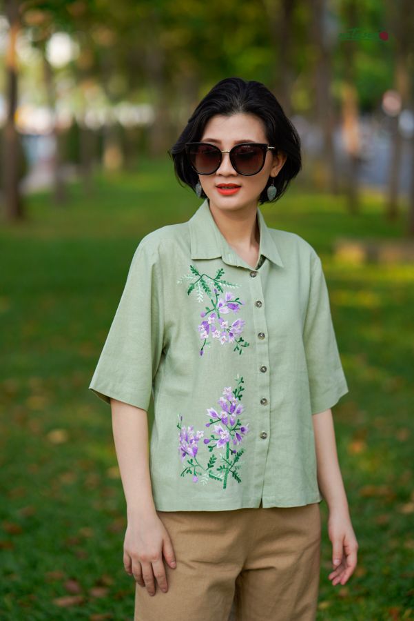 Áo chemise thêu tay Phượng Tím Xanh Mint
