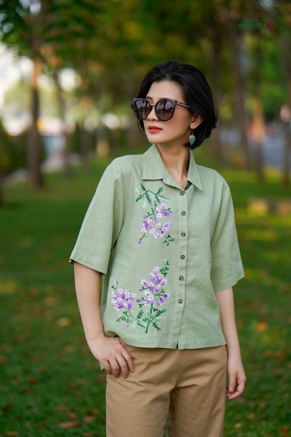 Áo chemise thêu tay Phượng Tím Xanh Mint