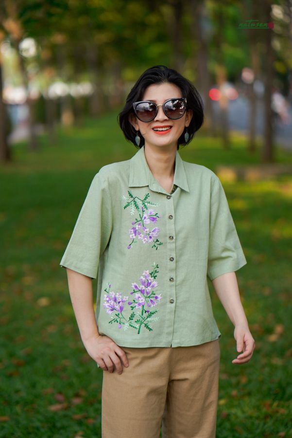 Áo chemise thêu tay Phượng Tím Xanh Mint