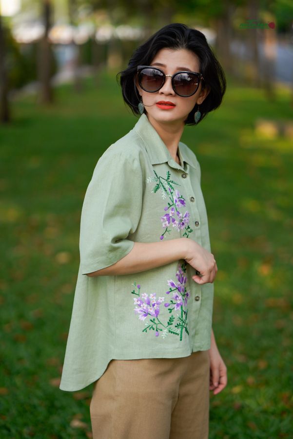 Áo chemise thêu tay Phượng Tím Xanh Mint