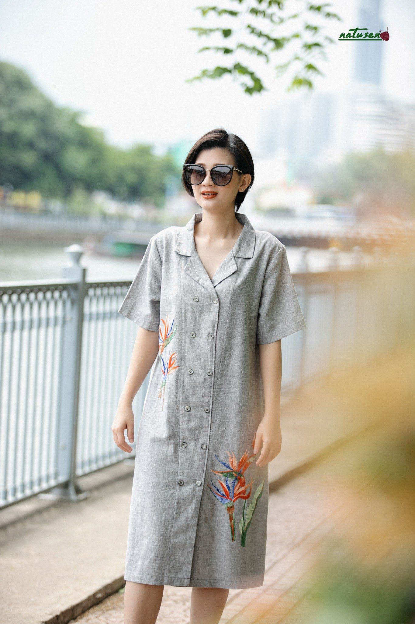 Đầm vest Xám muối tiêu thêu tay Hoa Thiên Điểu