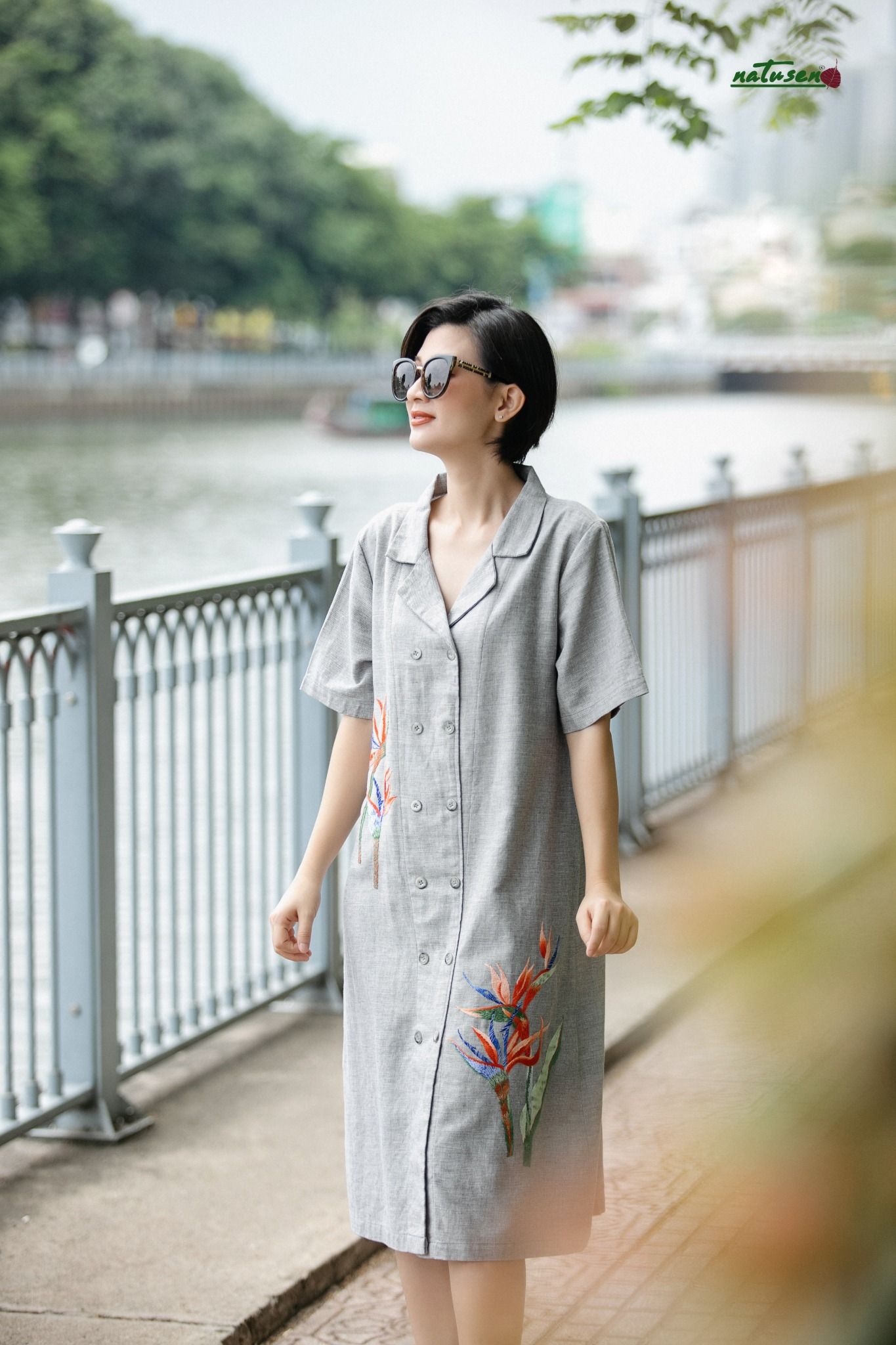 Đầm vest Xám muối tiêu thêu tay Hoa Thiên Điểu