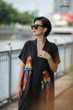  Đầm kimono thêu tay Vẹt Scarlet xám lông chuột 