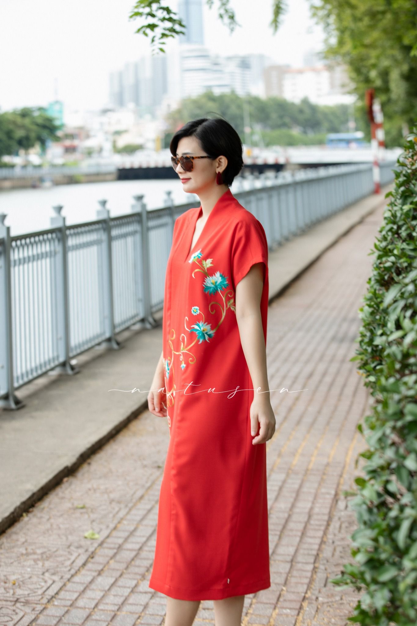 Đầm Kimono Cam thêu tay Cúc Kim Mỹ