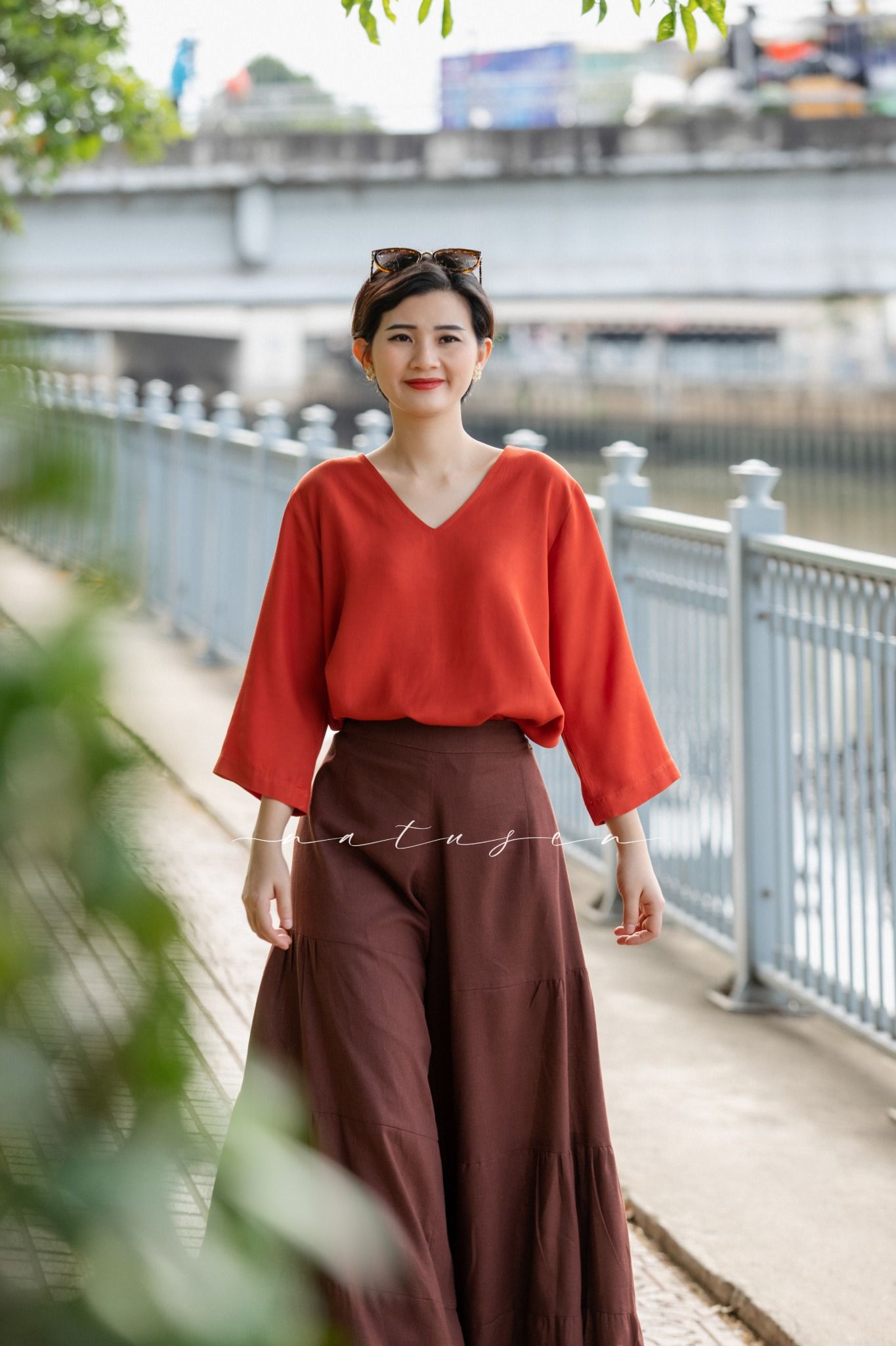 Áo boho tim Đỏ Gạch thêu tay Hạc Hoa Thị