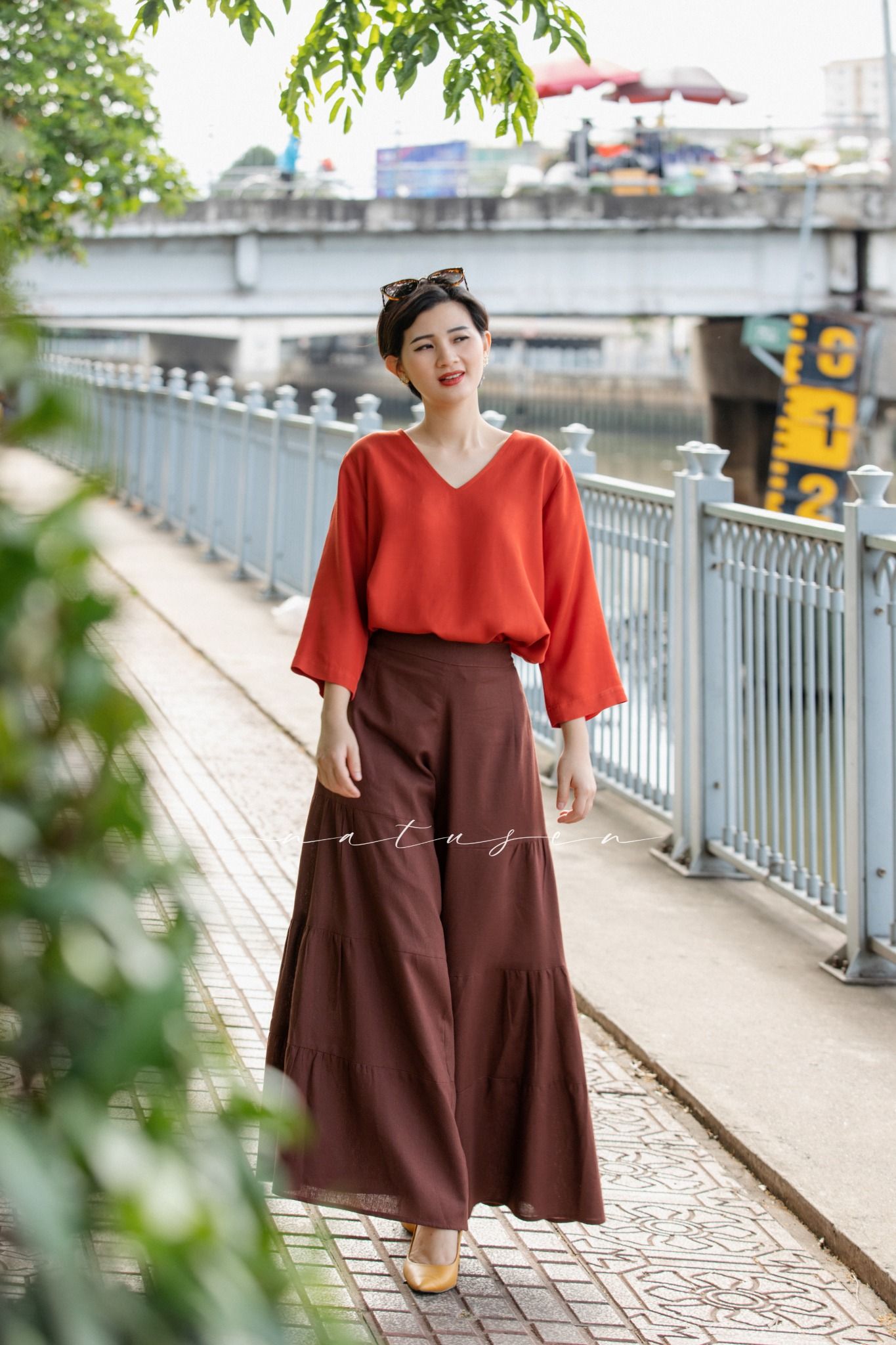 Áo boho tim Đỏ Gạch thêu tay Hạc Hoa Thị