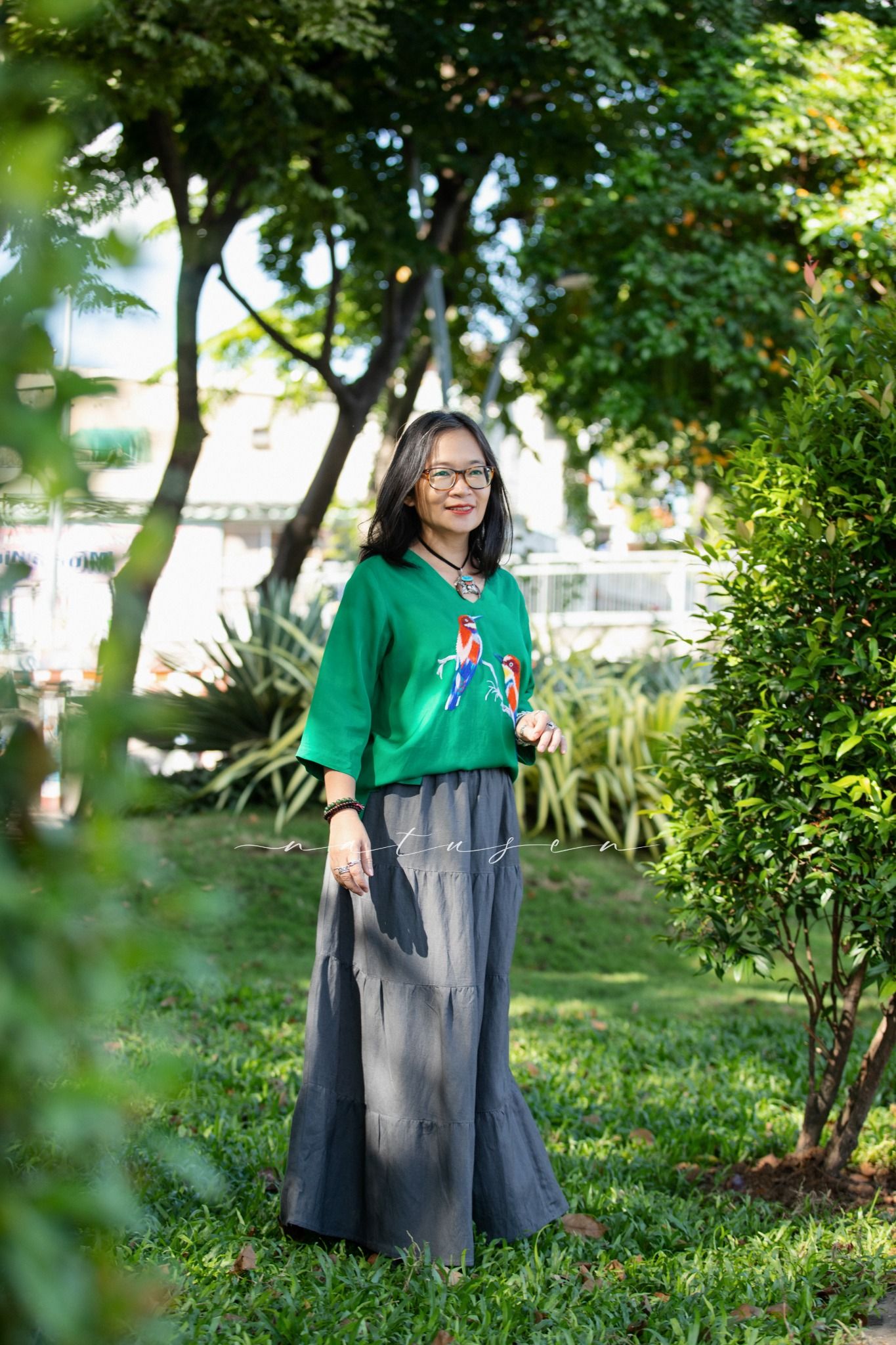 Áo boho tim xanh ve thêu tay Chim Sả
