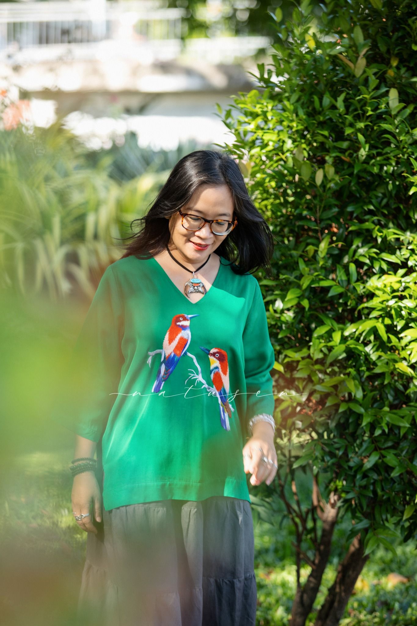 Áo boho tim xanh ve thêu tay Chim Sả