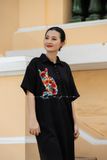  Đầm Linen Lá La Đen thêu tay Mèo Hoa Hồng 