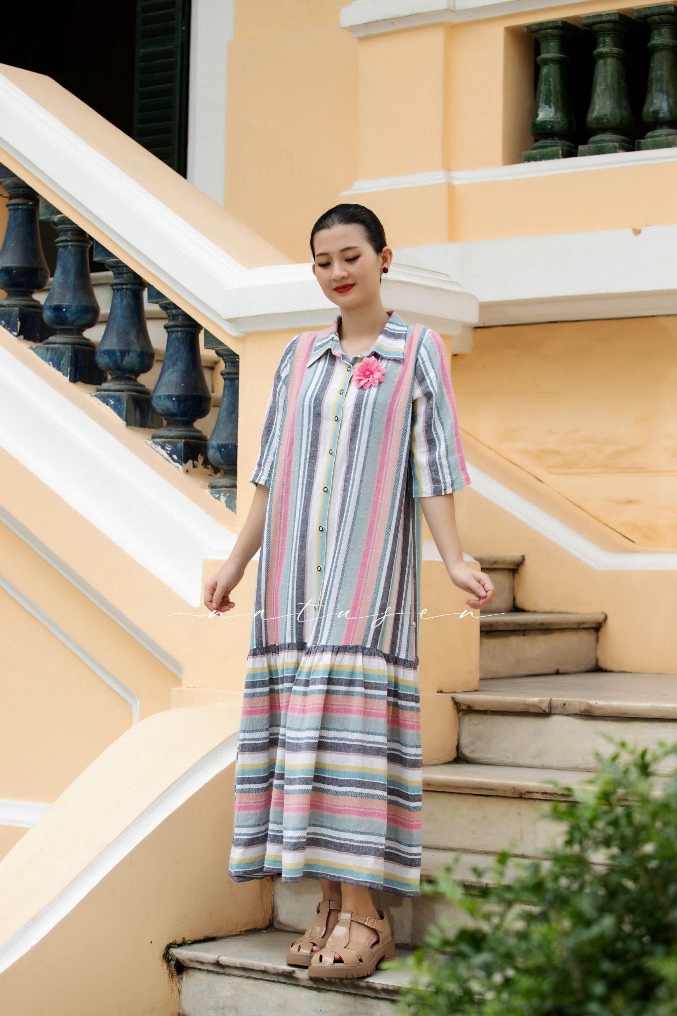 Đầm LaSol chemise linen sọc