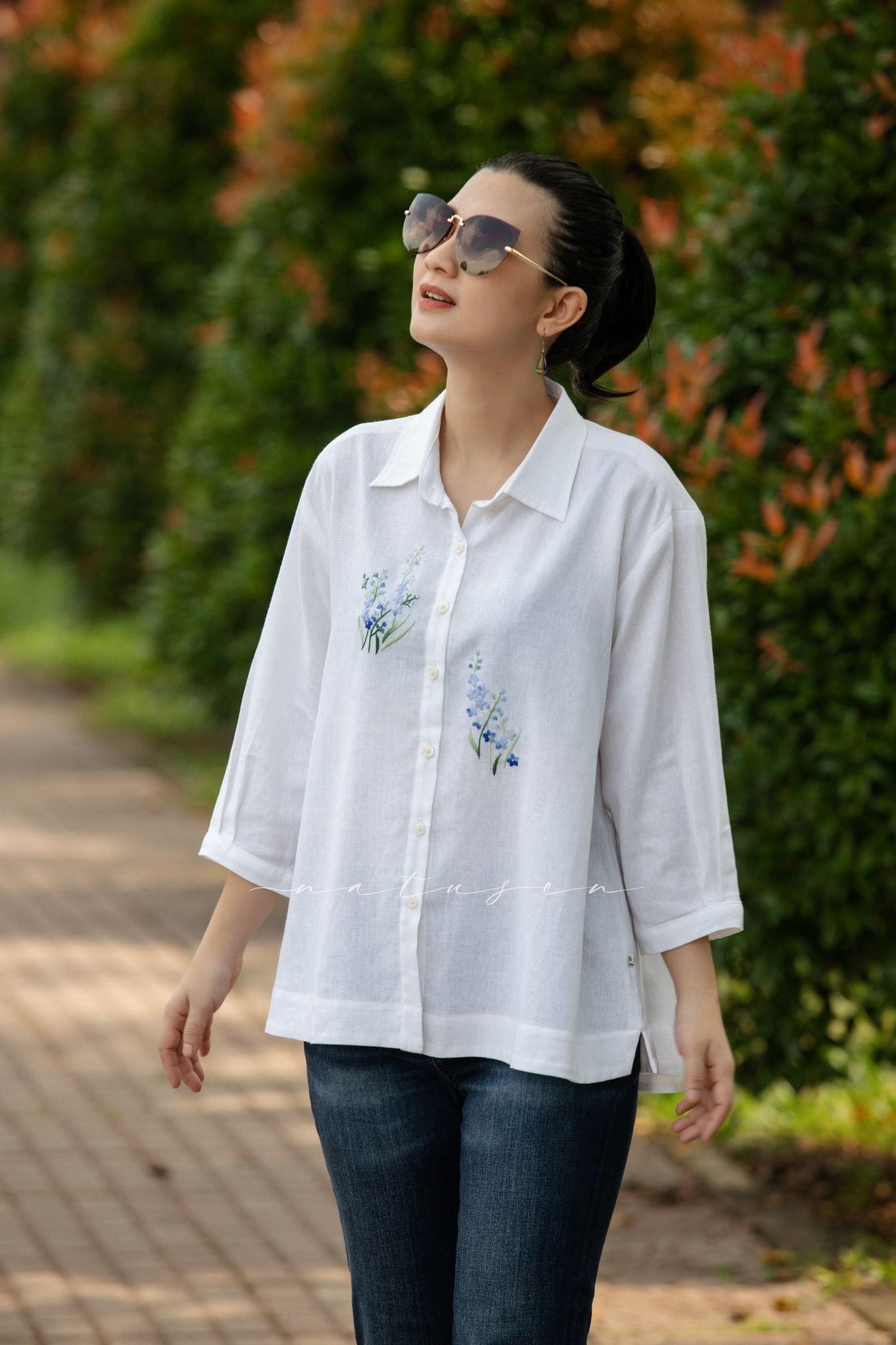 Áo chemise Trắng freesize thêu tay Forget me Not