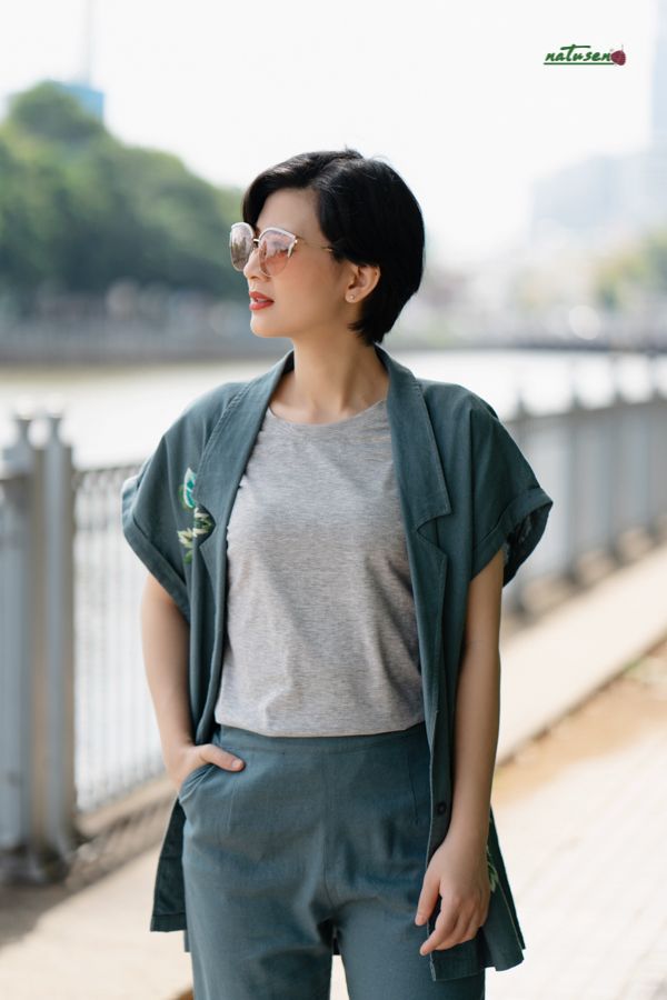 Quần tây túm ống linen Xám xanh