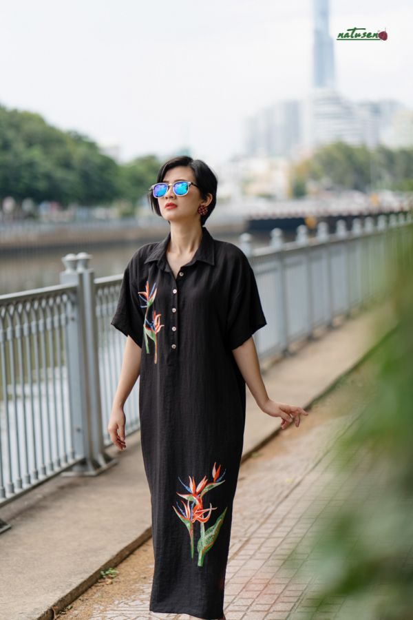 Đầm đen Safari maxi thêu tay Hoa Thiên Điểu