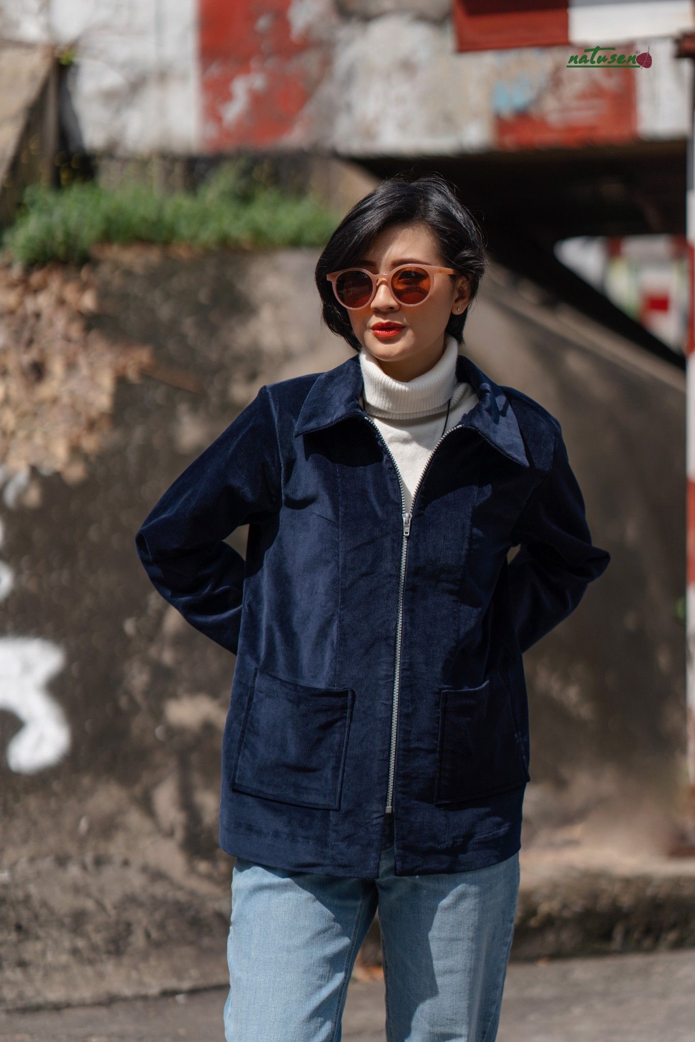 Áo Corduroy Jacket Xanh Dương Zipper không thêu