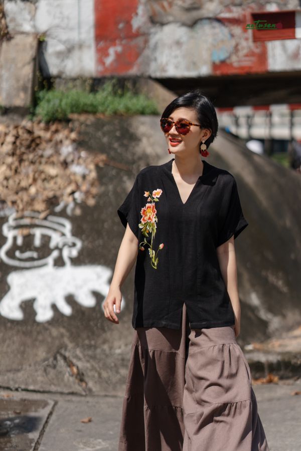 Áo cổ kimono thêu tay Mẫu Đơn