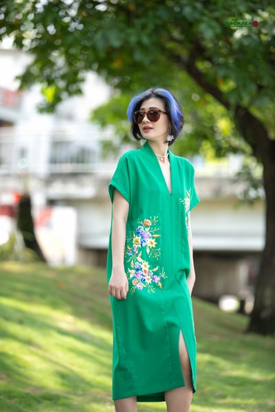  Đầm Kimono Xanh két thêu tay Hoa Thanh Xuân 