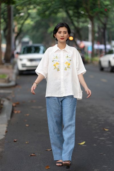  Quần linen ống đứng suông màu Faded Denim 